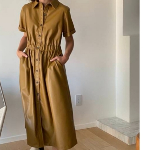 Who What Wear Dresses & Skirts - Faux Leather Tan (golden) Button Down Shirtdress Cuff Sleeves Size XL